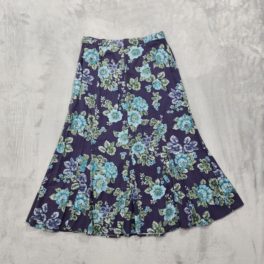 Vintage Norton McNaughton Skirt Womens 14 Blue Floral Flare Hem Rayon Godet